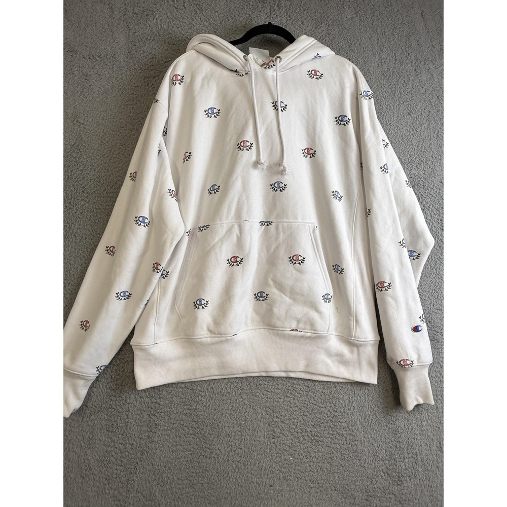 Champion Reverse Weave Hoodie Mens Large‎ White All Over C Laurel Embroidered